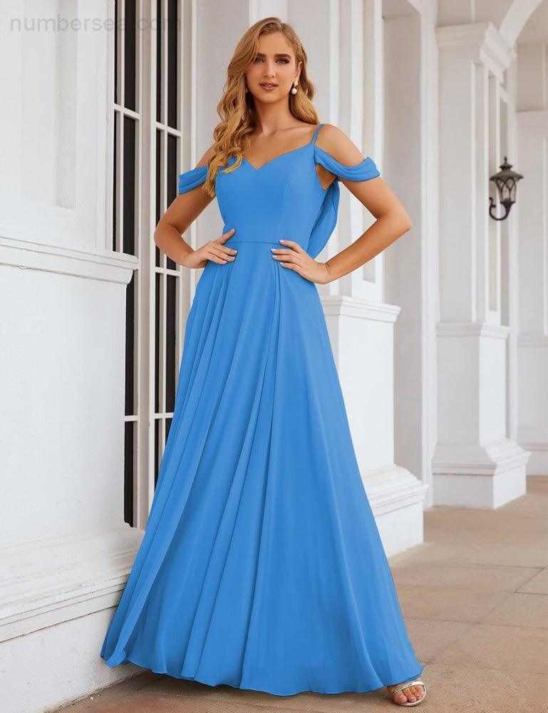 NumberSea - Numbersea Cold Shoulder Chiffon Bridesmaid Dresses Long Maxi Formal Prom Gowns for Women Party SEA28059