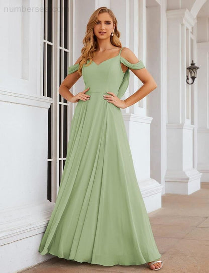 NumberSea - Numbersea Cold Shoulder Chiffon Bridesmaid Dresses Long Maxi Formal Prom Gowns for Women Party SEA28059