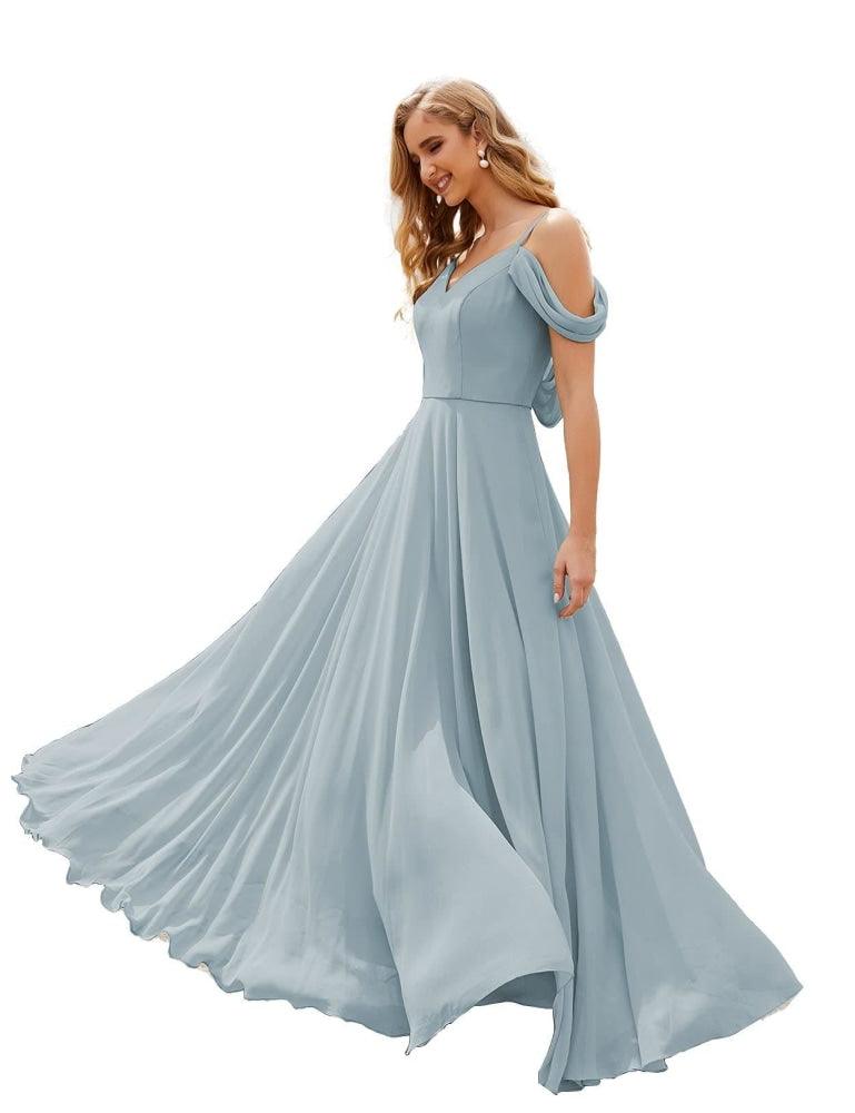 NumberSea - Numbersea Cold Shoulder Chiffon Bridesmaid Dresses Long Maxi Formal Prom Gowns for Women Party SEA28059