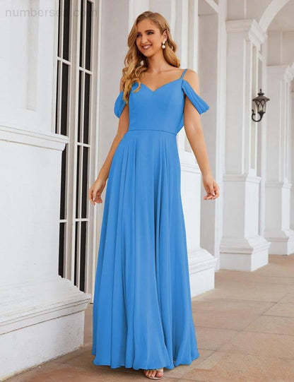 NumberSea - Numbersea Cold Shoulder Chiffon Bridesmaid Dresses Long Maxi Formal Prom Gowns for Women Party SEA28059