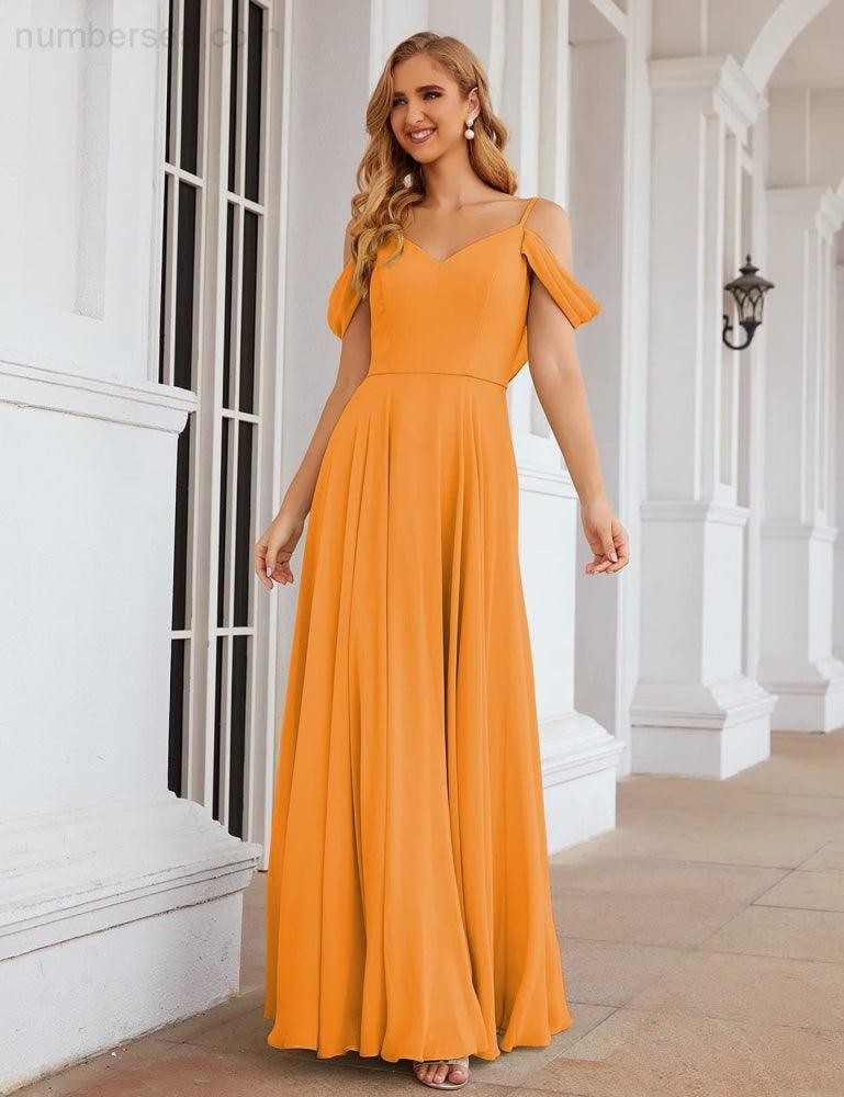 NumberSea - Numbersea Cold Shoulder Chiffon Bridesmaid Dresses Long Maxi Formal Prom Gowns for Women Party SEA28059