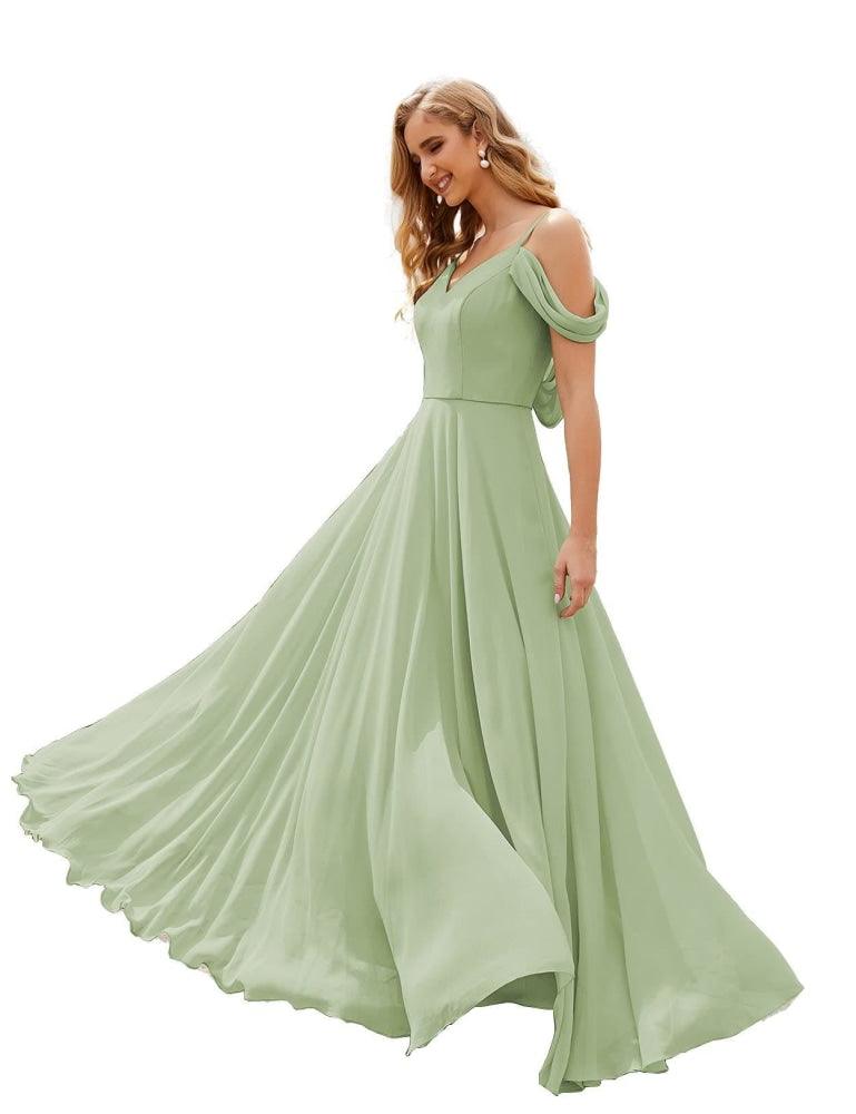 NumberSea - Numbersea Cold Shoulder Chiffon Bridesmaid Dresses Long Maxi Formal Prom Gowns for Women Party SEA28059