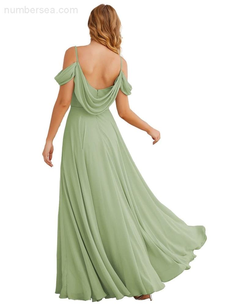 NumberSea - Numbersea Cold Shoulder Chiffon Bridesmaid Dresses Long Maxi Formal Prom Gowns for Women Party SEA28059