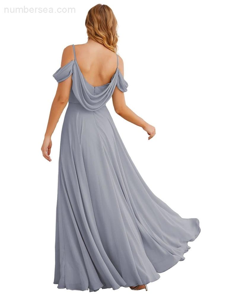 NumberSea - Numbersea Cold Shoulder Chiffon Bridesmaid Dresses Long Maxi Formal Prom Gowns for Women Party SEA28059