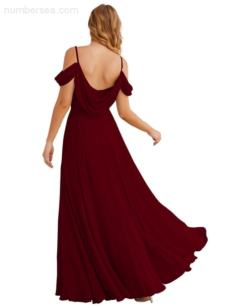 NumberSea - Numbersea Cold Shoulder Chiffon Bridesmaid Dresses Long Maxi Formal Prom Gowns for Women Party SEA28059