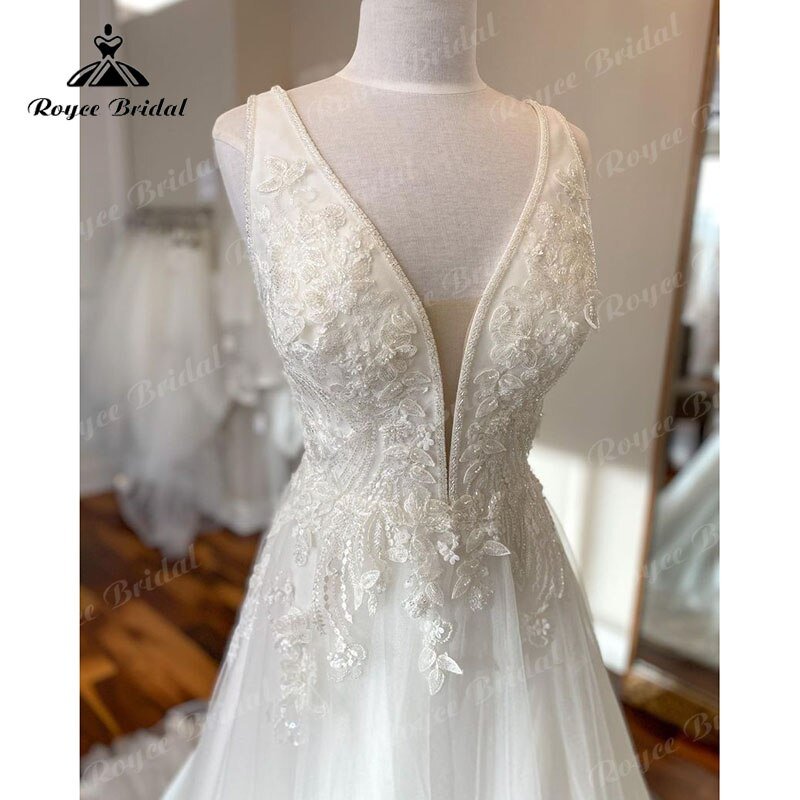 NumberSea - NumberSea Deep V Neck A Line Beach Wedding Dress Sleeveless 2025 Sweep Train Vestido Novia Elegant Women Bridal Wedding Gowns Custom Made