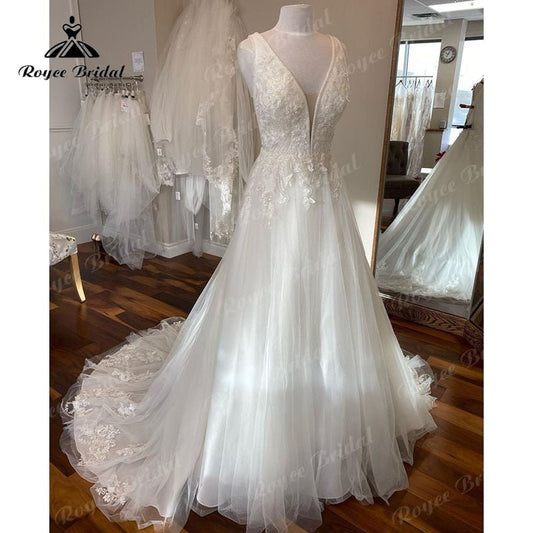 NumberSea - NumberSea Deep V Neck A Line Beach Wedding Dress Sleeveless 2025 Sweep Train Vestido Novia Elegant Women Bridal Wedding Gowns Custom Made