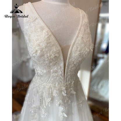 NumberSea - NumberSea Deep V Neck A Line Beach Wedding Dress Sleeveless 2025 Sweep Train Vestido Novia Elegant Women Bridal Wedding Gowns Custom Made