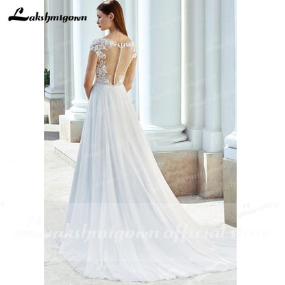 NumberSea - NumberSea Deep V Neck Lace Backless Cap Sleeve Bridal Wedding Dresses