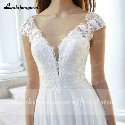 NumberSea - NumberSea Deep V Neck Lace Backless Cap Sleeve Bridal Wedding Dresses