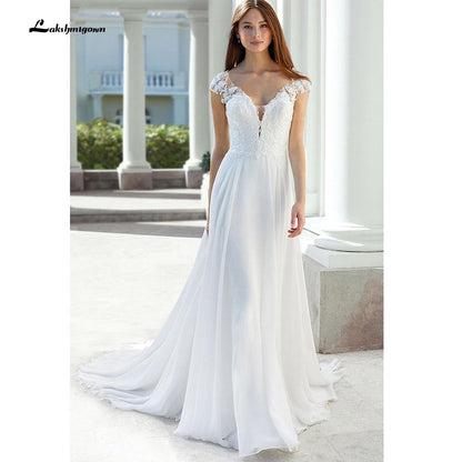 NumberSea - NumberSea Deep V Neck Lace Backless Cap Sleeve Bridal Wedding Dresses