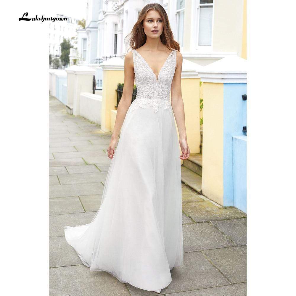 NumberSea - NumberSea Deep V Neck Lace Backless Wedding Dresses