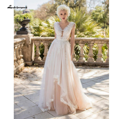 NumberSea - NumberSea Deep V Neck Lace Beading Pleats Blush Pink Wedding Dresses