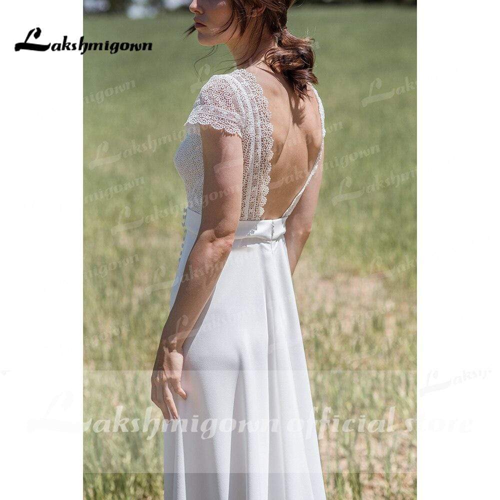 NumberSea - NumberSea Deep V Neck Lace Bocide Short Sleeve Buttons Wedding Dresses