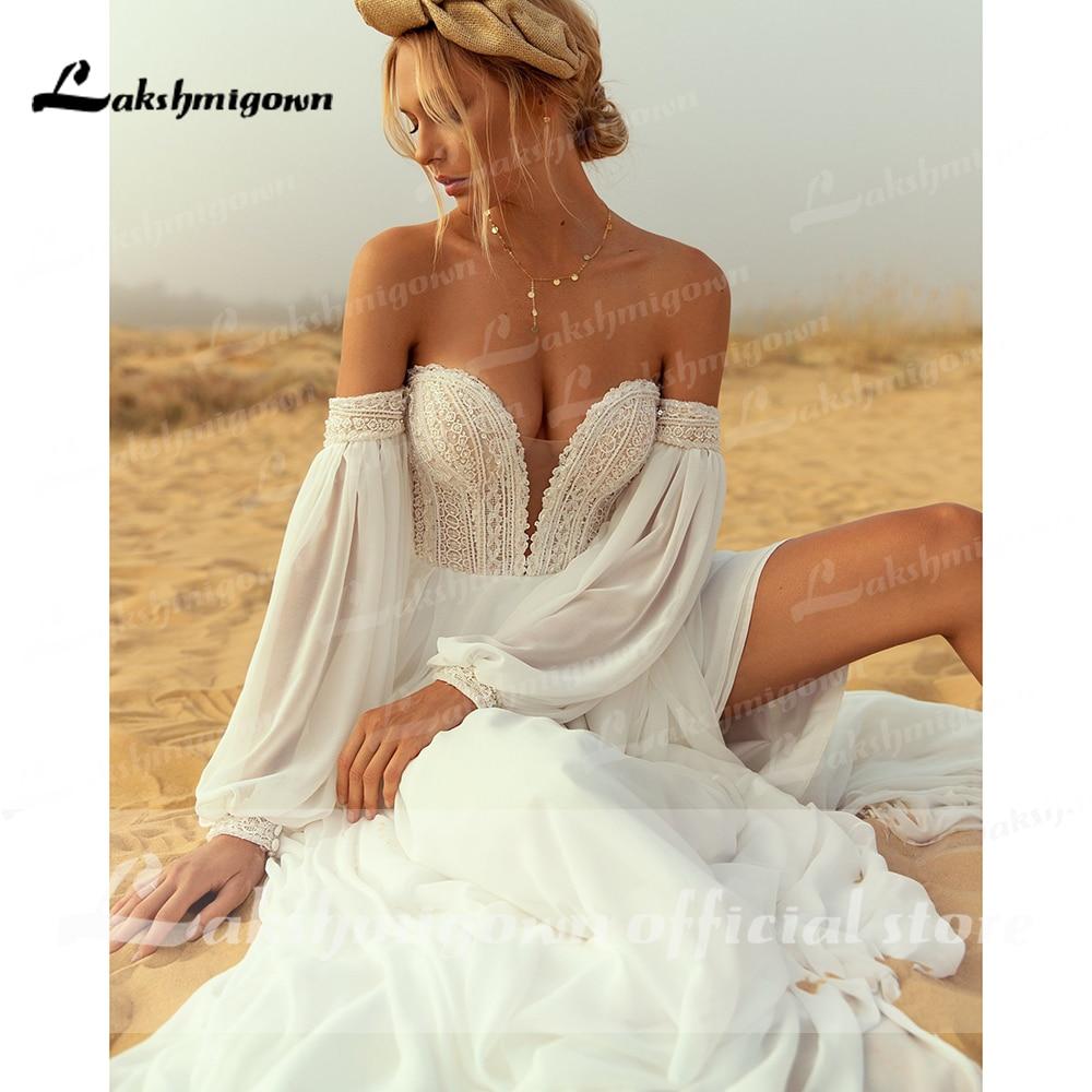 NumberSea - NumberSea Deep V Neck Lace Chiffon lantern Sleeve Wedding Dresses