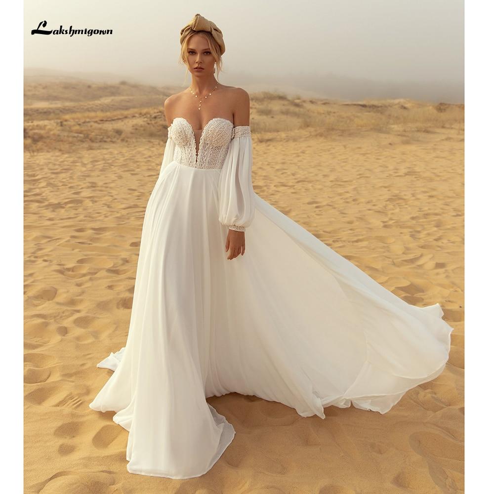 NumberSea - NumberSea Deep V Neck Lace Chiffon lantern Sleeve Wedding Dresses