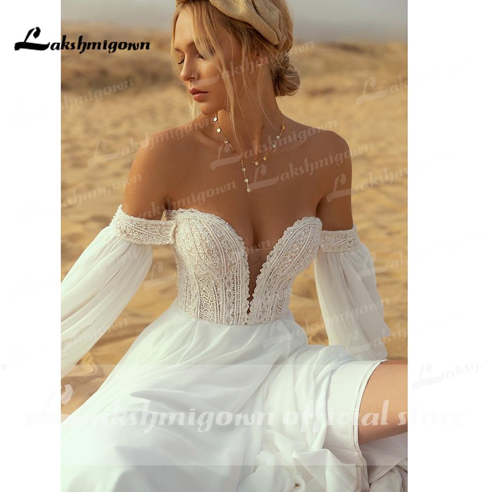 NumberSea - NumberSea Deep V Neck Lace Chiffon lantern Sleeve Wedding Dresses