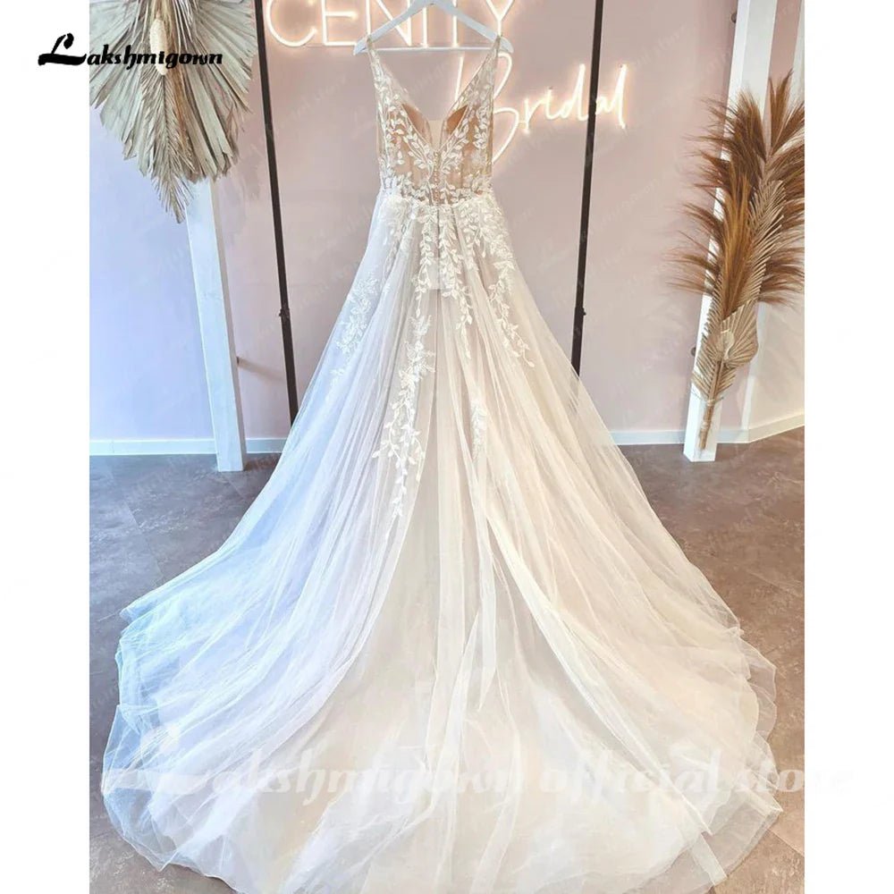 NumberSea - NumberSea Deep V Neck Lace Floral Sleeveless Boho Wedding Dress Beach Open Back 2025 Vestido de Noiva Bridal Gowns for Women