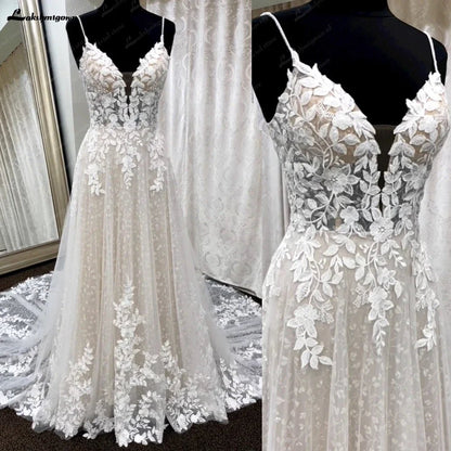 NumberSea - NumberSea Deep V Neck Lace Floral Wedding Dress for Women 2024 Bridal Gown Champagne Backless Spaghetti Straps abito da sposa