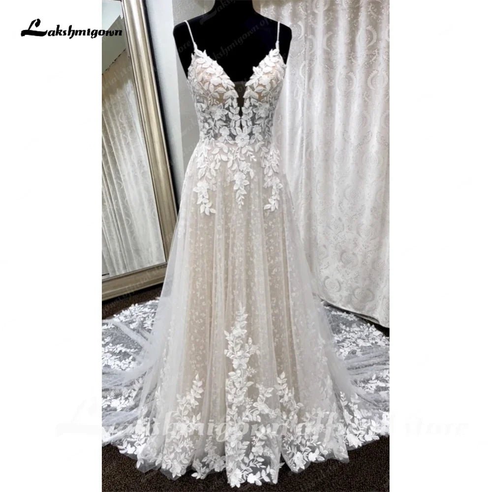 NumberSea - NumberSea Deep V Neck Lace Floral Wedding Dress for Women 2024 Bridal Gown Champagne Backless Spaghetti Straps abito da sposa