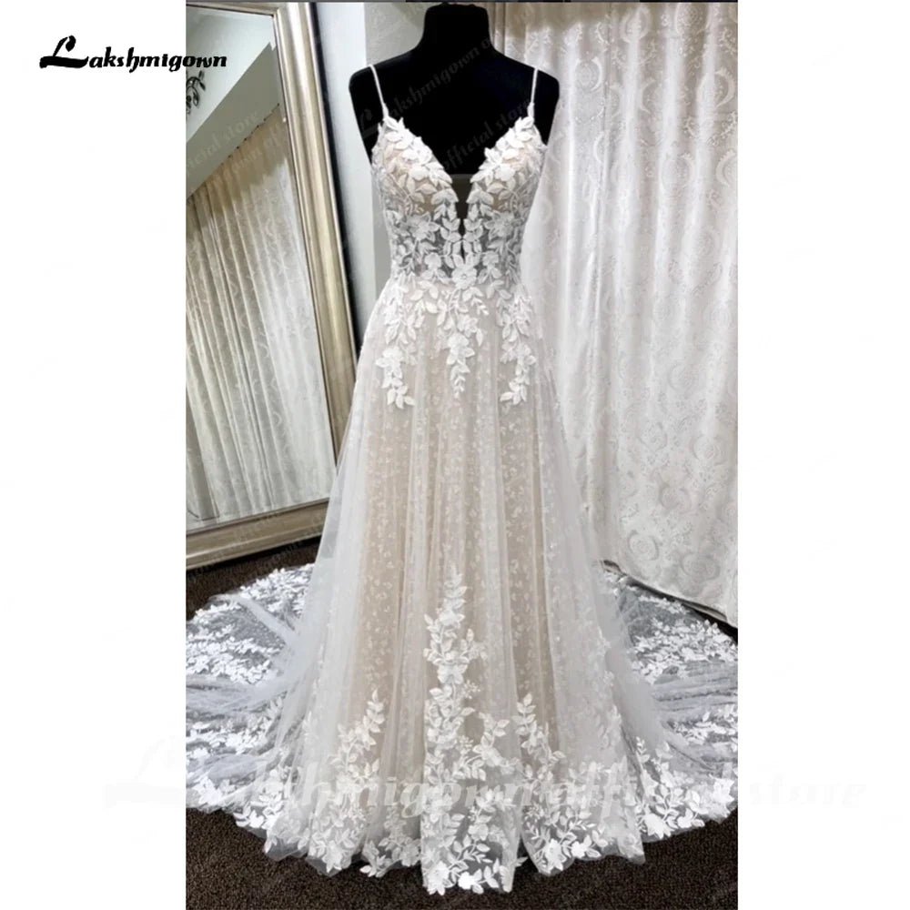 NumberSea - NumberSea Deep V Neck Lace Floral Wedding Dress for Women 2024 Bridal Gown Champagne Backless Spaghetti Straps abito da sposa