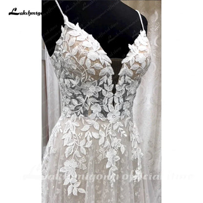 NumberSea - NumberSea Deep V Neck Lace Floral Wedding Dress for Women 2024 Bridal Gown Champagne Backless Spaghetti Straps abito da sposa