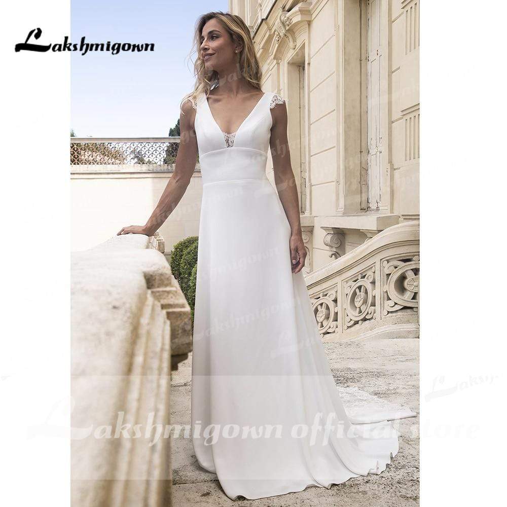 NumberSea - NumberSea Deep V Neck Lace Satin Backless Beach A Line Wedding Dresses