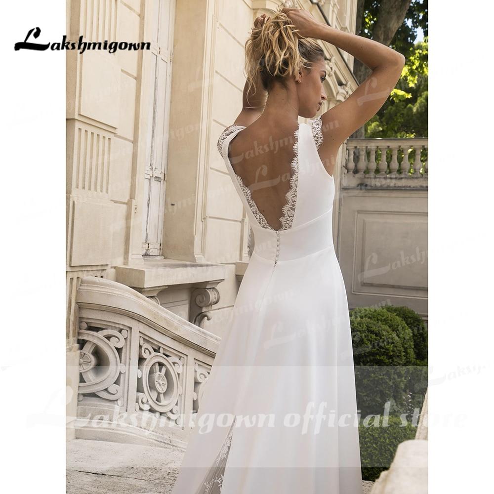 NumberSea - NumberSea Deep V Neck Lace Satin Backless Beach A Line Wedding Dresses