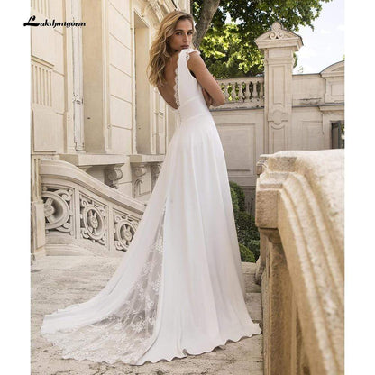 NumberSea - NumberSea Deep V Neck Lace Satin Backless Beach A Line Wedding Dresses