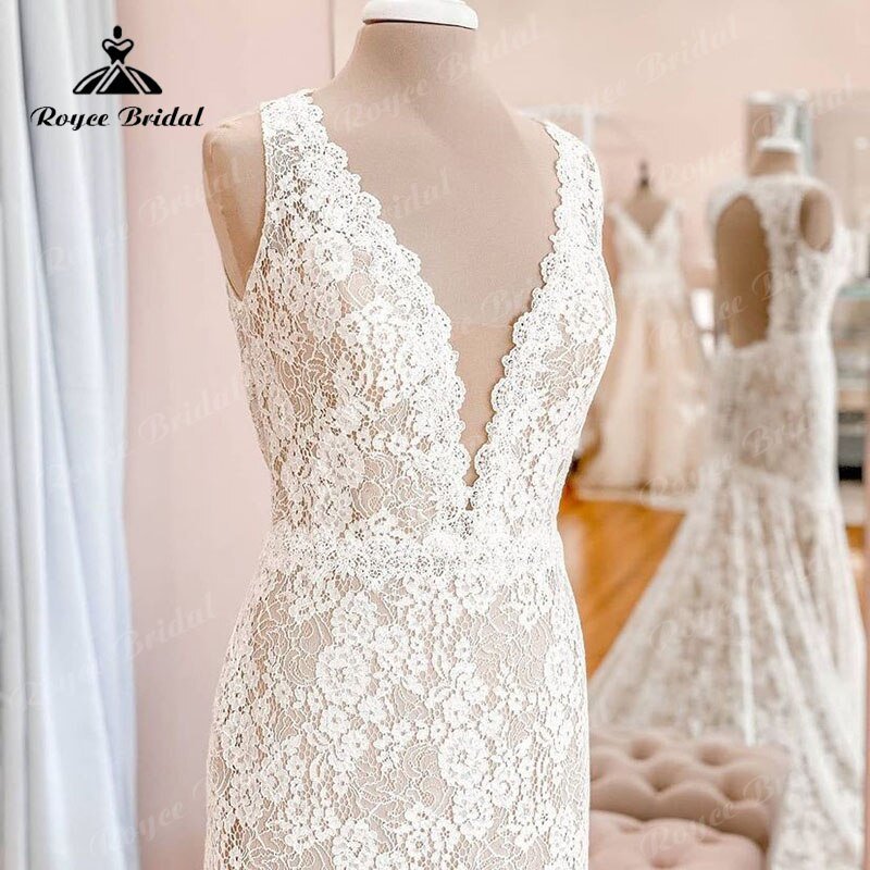 NumberSea - NumberSea Deep V neck Lace Sleeveless Open Back Mermaid/Trumpet Wedding Dress Sweep Train 2025 Sexy Bridal Gown vestido para boda playa