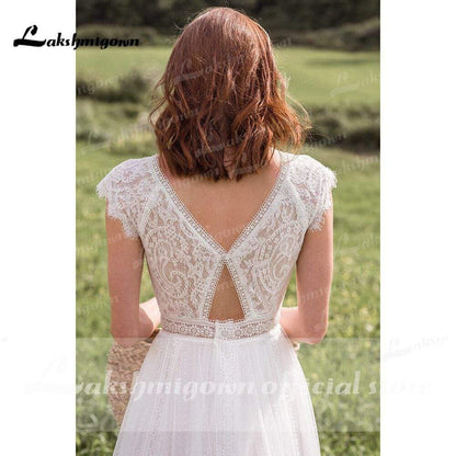 NumberSea - NumberSea Deep V Neck Lace Top Chiffon Wedding Dresses Short Sleeve