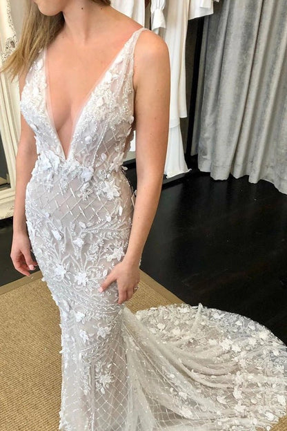 NumberSea - NumberSea Deep V - Neck Luxury Beaded Mermaid Wedding Dress with Detachable Train,MW470