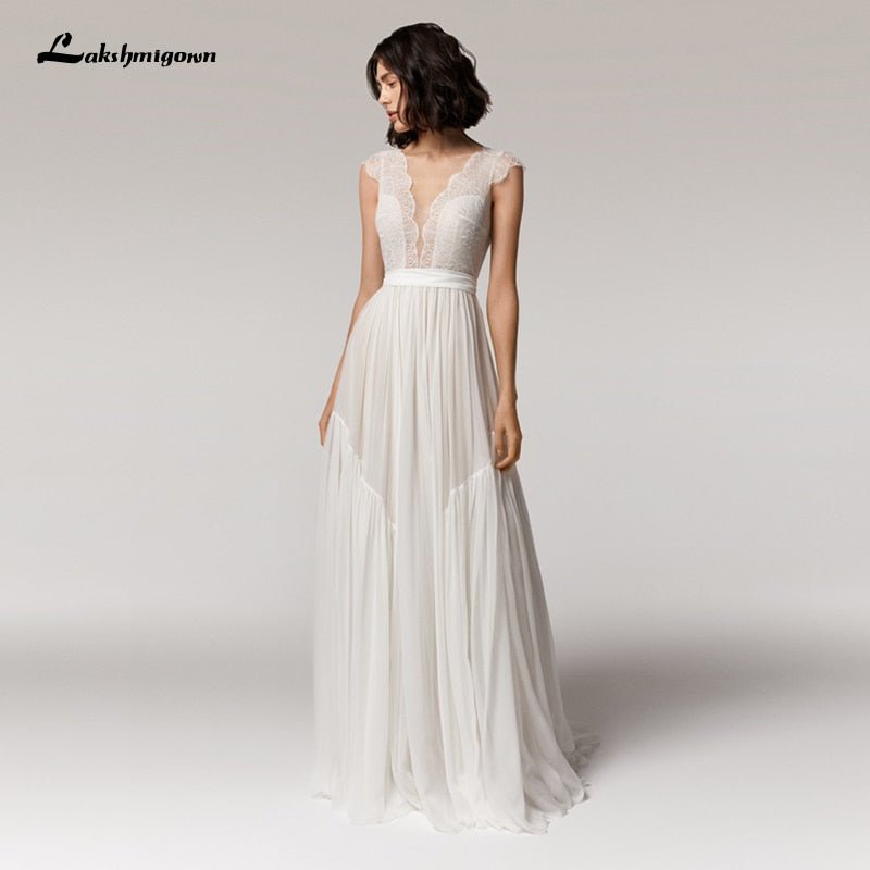 NumberSea - NumberSea Deep V - neck Sexy Beach Wedding Dress Summer 2021 Vestito da Donna V Neck Sexy Bohemian Bridal Dress Backless