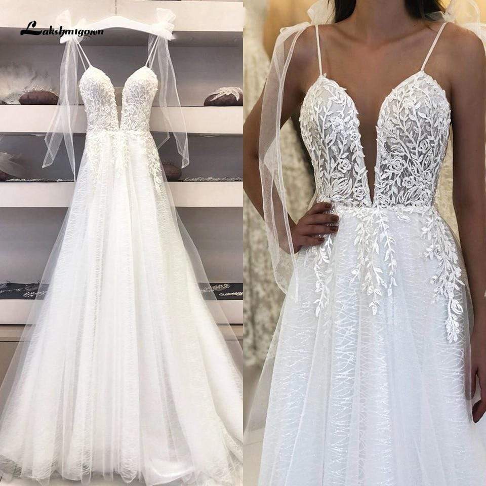 NumberSea - NumberSea Deep V - neck Sexy Boho Bridal Wedding Dress