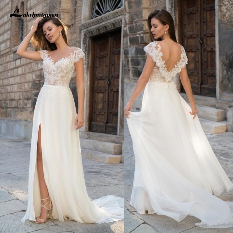 NumberSea - NumberSea Deep V Neck Sleeve Sexy Lace Chiffon High Split Wedding Dresses