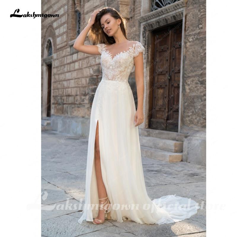 NumberSea - NumberSea Deep V Neck Sleeve Sexy Lace Chiffon High Split Wedding Dresses