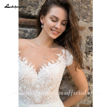 NumberSea - NumberSea Deep V Neck Sleeve Sexy Lace Chiffon High Split Wedding Dresses