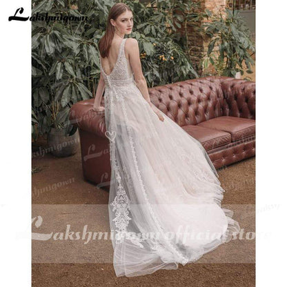 NumberSea - NumberSea Deep V Neck Sleeveless Backless Lace Tulle Wedding Dresses