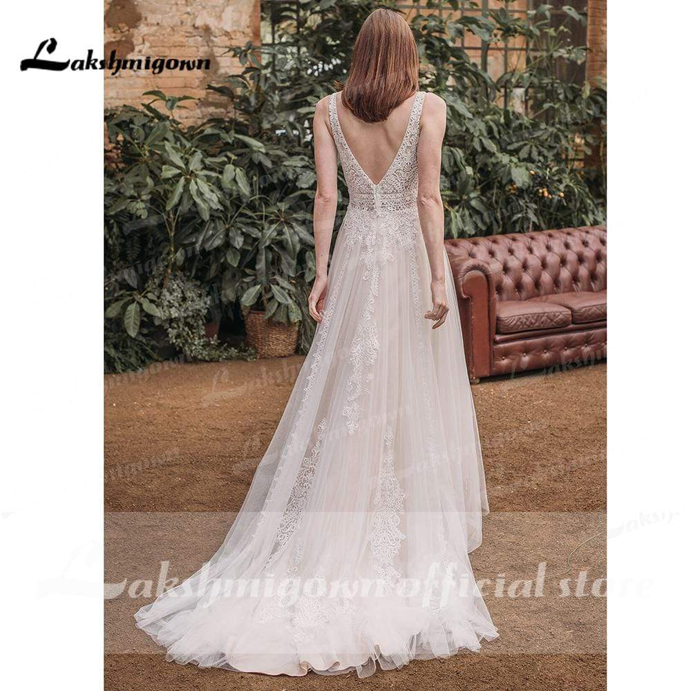 NumberSea - NumberSea Deep V Neck Sleeveless Backless Lace Tulle Wedding Dresses