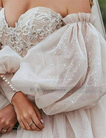 NumberSea - NumberSea Dirty Pink Boho Wedding Dress 2021 Detachable Puff Sleeve Bridal Dresses Glitter Sparky Lace Wedding Gowns Beach Sweetheart