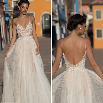 NumberSea - NumberSea Eightree Beach Wedding Dress Boho vestido de noiva Bohemian Lace Bridal Dress Backless Spaghetti Straps V Neck Wedding Gowns