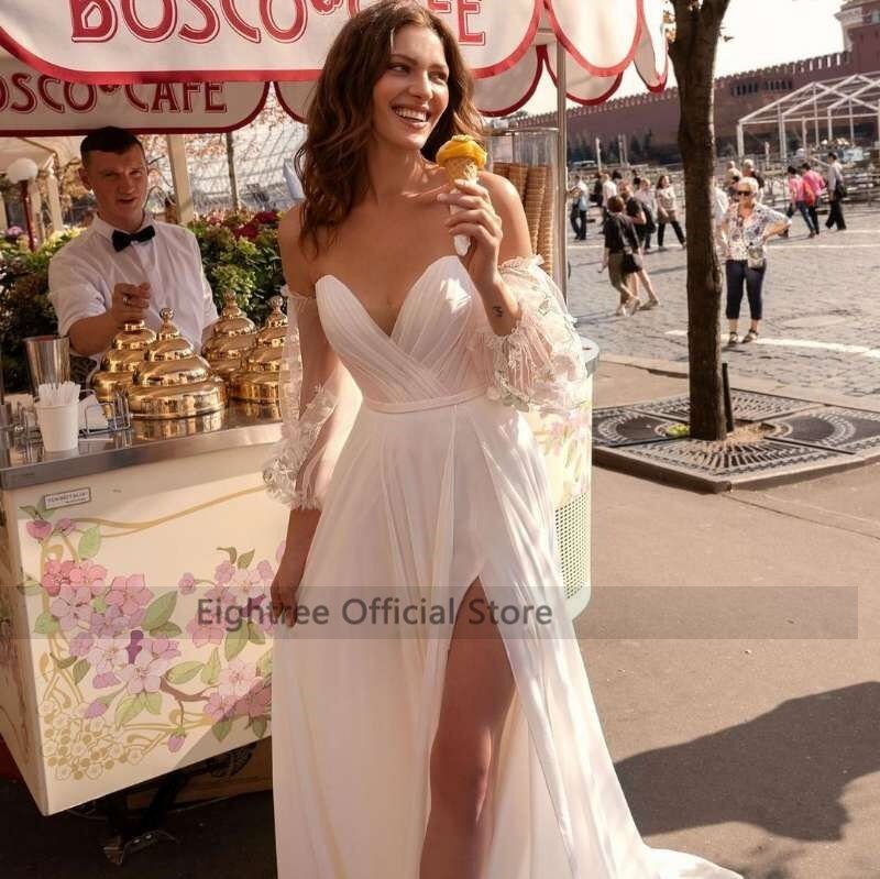 NumberSea - NumberSea Eightree Sexy Summer Wedding Dresses 2021 Lace Chiffon Bride Dress Puff Sleeve Split Side Bow Beach Wedding Gowns Women Cheap