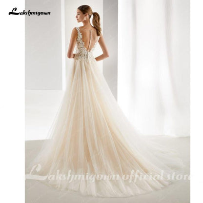 NumberSea - NumberSea Elegant A - line Champagne Wedding Dresses Mariage Appliques