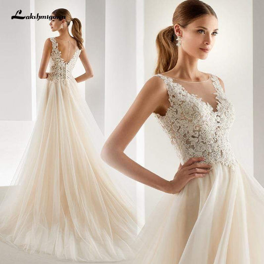 NumberSea - NumberSea Elegant A - line Champagne Wedding Dresses Mariage Appliques