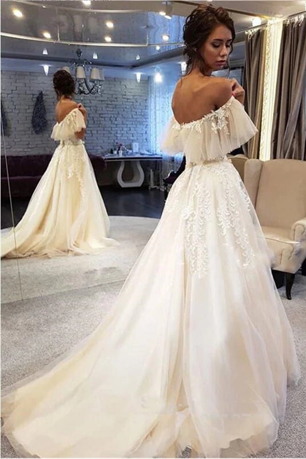 NumberSea - NumberSea Elegant A - line Off the Shoulder Lace Wedding Dresses,Ruffled Sleeves Wedding Dresses,MW479