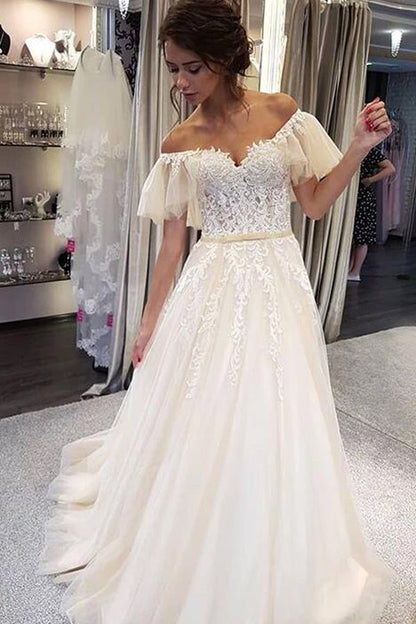 NumberSea - NumberSea Elegant A - line Off the Shoulder Lace Wedding Dresses,Ruffled Sleeves Wedding Dresses,MW479