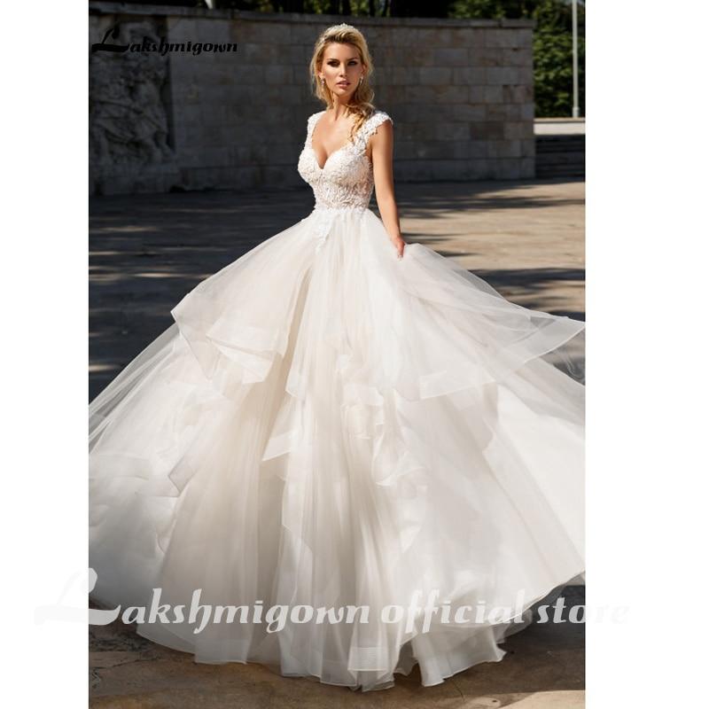 NumberSea - NumberSea Elegant A - Line Ruffles Beach Champagne Wedding Dresses Deep V neck