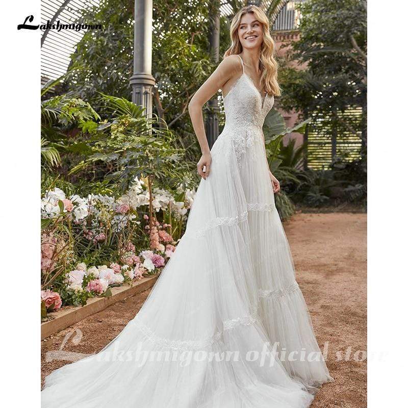 NumberSea - NumberSea Elegant A - Line V - Neck Lace Wedding Dress