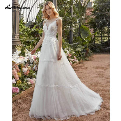 NumberSea - NumberSea Elegant A - Line V - Neck Lace Wedding Dress