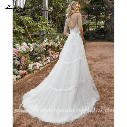 NumberSea - NumberSea Elegant A - Line V - Neck Lace Wedding Dress